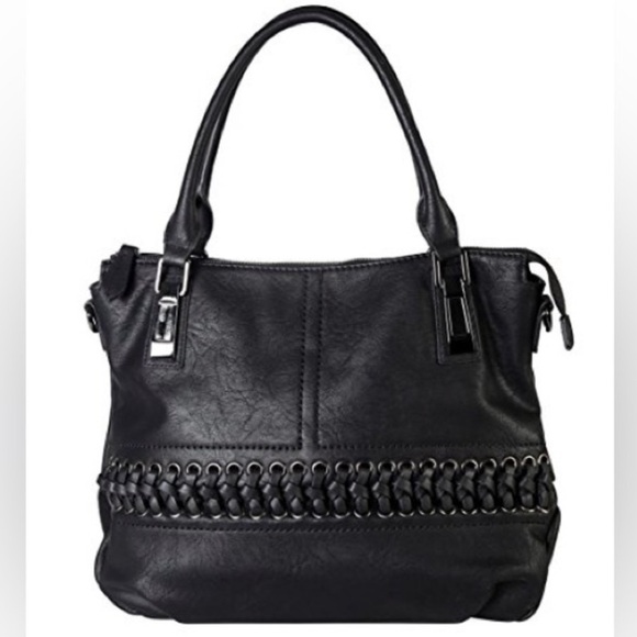 Braided Corset-Style Black Leather Red Interior Handbag Gunmetal Hardware (EUC) - Picture 4 of 8